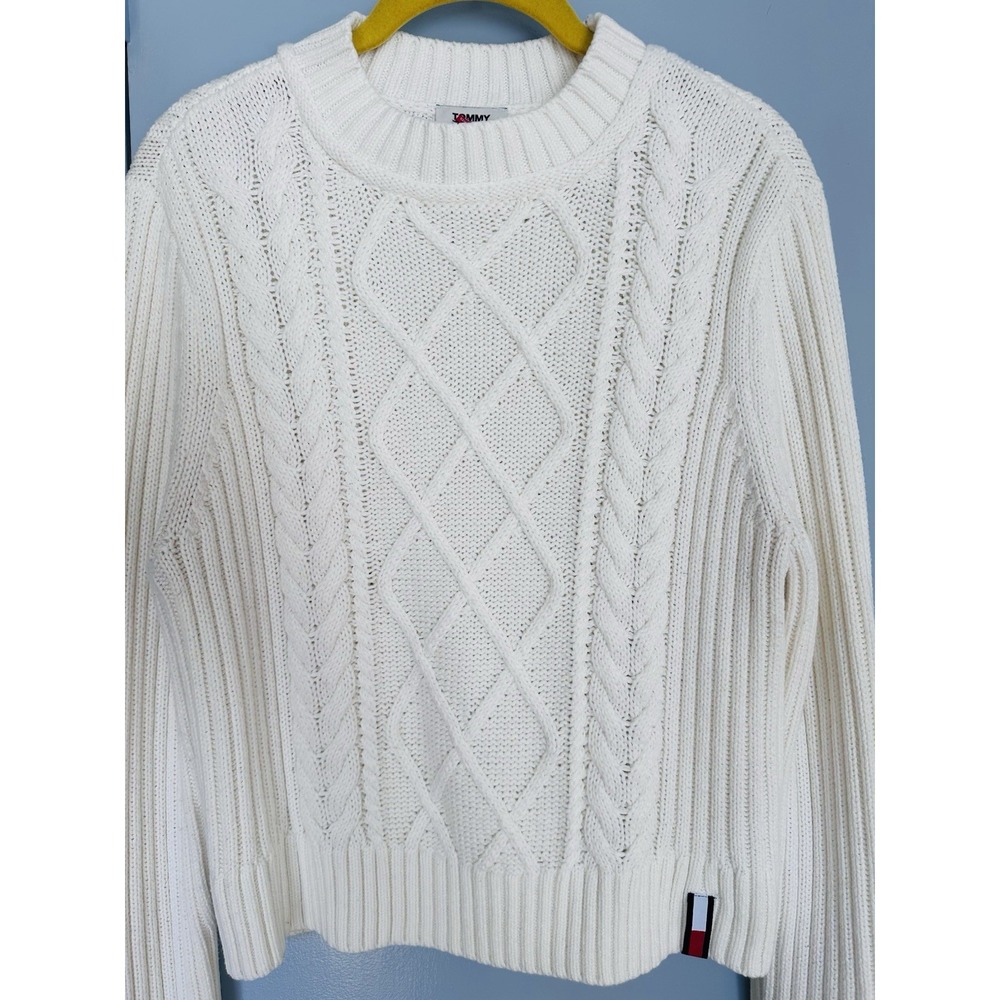 Tommy Jeans White Ivory Cable Knit Sweater Women's Large Cottage Core
